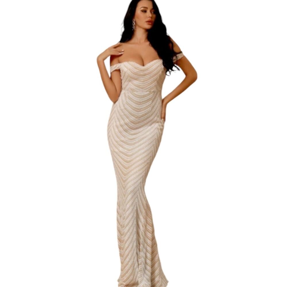 Love and Lemonade Women's Sequin Formal Evening Gown Size 1XL Tan Off Shoulder